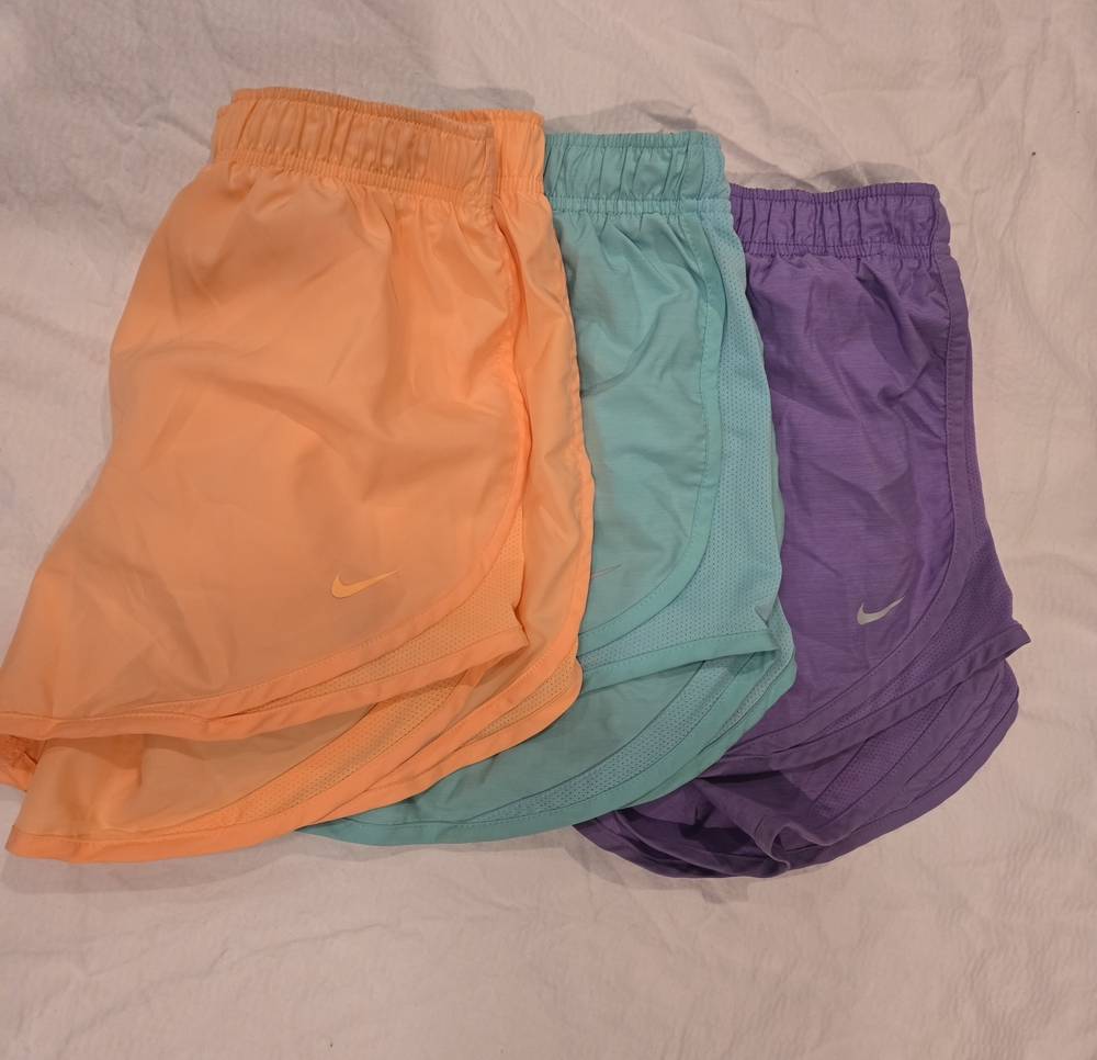 Nike Kids Athletic Shorts — Peach, Teal & Purple (3-Pack)